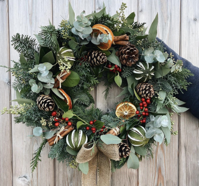 Yuletide Charm | Wreaths | Sorrel and Sage Florist, Parbold - Order carefully handcrafted Christmas wreaths, filled with festive favourites, via our website, or call us on 01704 790244.
