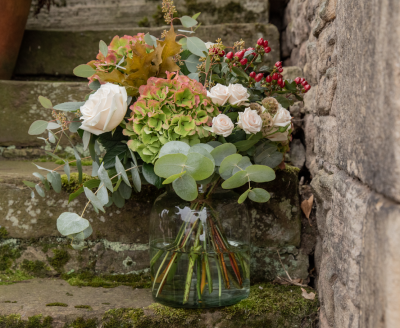 Florist Choice Autumn Vase Arrangement - Sorrel and Sage Florist are a local, family run florist, designing and delivering seasonal bouquets throughout Parbold, Appley Bridge, Shevington, Wrightington, Mawdesley and more.